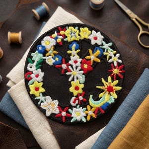 May include: A black, circular embroidered patch featuring a peace sign design. The peace sign is filled with colorful embroidered flowers in red, yellow, white, and blue. The patch is surrounded by a border of similar flowers.