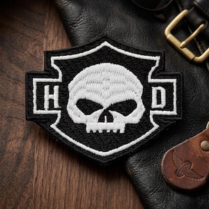 Black Skull Shield Embroidered Patch: Gothic Biker Punk Iron-On Applique Badge