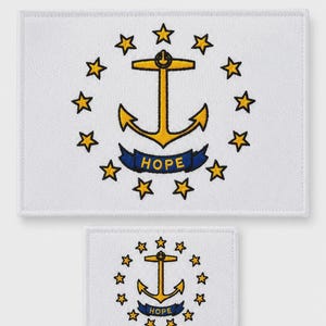 May include: Two rectangular embroidered patches featuring the Rhode Island state flag design. Each patch has a white background with a central gold anchor surrounded by thirteen gold stars and a blue ribbon banner with the word HOPE in gold letters.