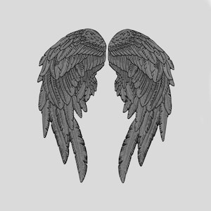 May include: A detailed illustration of two gray angel wings, symmetrically displayed against a light gray background. The wings are rendered with intricate feather detailing, creating a textured appearance. The design is suitable for various applications, such as wall art or apparel.