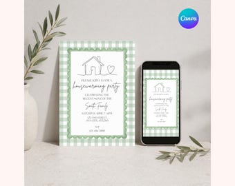 Sage Green Gingham Housewarming Invitation Template (Printable & Mobile)