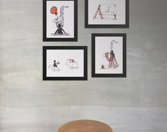 Complete Set of 4 Gallery Art Prints - Monochrome and Orange Collection.  Museum Windows