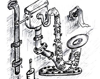 Surrealist Saxophone Toilet Ink Sketch: Industrial Steampunk Whimsical Art