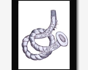 Sax Rope Horn Illustration Art Print: Hand-Drawn Ink Detail, Musician Gift