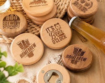 Posavasos de madera personalizados con abridor de botellas, posavasos de cerveza grabados a medida, accesorios rústicos para bar en casa, regalo único para él y para ella.