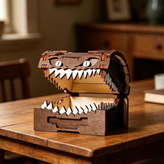 A hand-carved wooden monster box with a chomping toothy maw — functional desktop storage that looks like it belongs in a Tim Burton film.