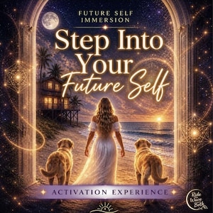 Pode incluir: Arte digital com uma mulher em um vestido branco, dois golden retrievers e uma cena de praia ao pôr do sol. O texto diz "Step Into Your Future Self" e "Activation Experience."