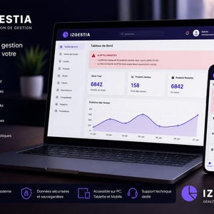 Könnte beinhalten: Ein Laptop und ein Smartphone, die die IZGESTIA-Anwendungsoberfläche anzeigen. Der Laptop zeigt ein Dashboard mit Datenvisualisierungen, während das Telefon die Oberfläche spiegelt. Das Logo und der Text der Anwendung sind sichtbar, zusammen mit Datenmetriken.