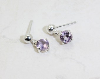 Amethyst Earrings, 5mm x 0.45 Carat Round Cut, Natural Rose de France Amethyst, Sterling Silver Amethyst Dangle Earrings