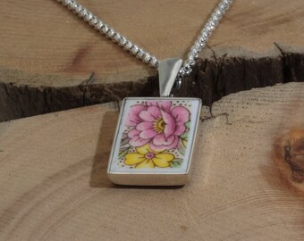 Porcelain and Sterling Silver Pendant Necklace, 20mm x 15mm x 3mm, including 17"-19" Adjustable Sterling Silver Chain