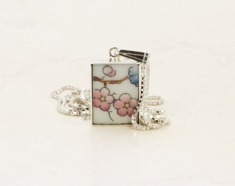 Porcelain Pendant in Sterling Silver, Cherry Blossoms, 15mm x 10mm x 3mm, including 16"-18" Adjustable Sterling Silver Chain