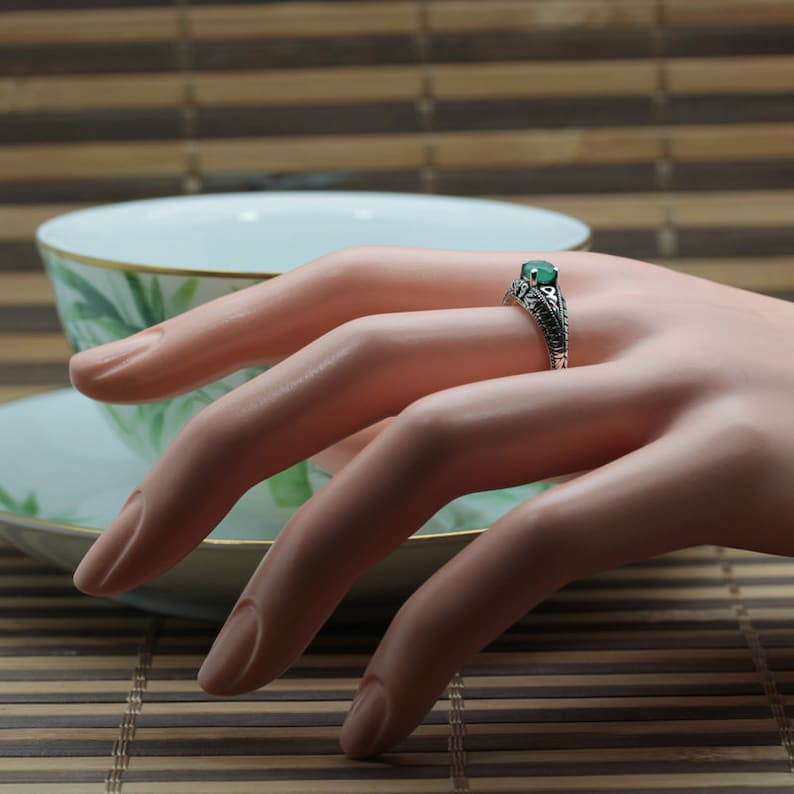 Round Cut 5mm x 0.50 Carat Art Deco Revival Style Sterling Silver Emerald Ring Emerald Ring Translucent Natural Colombian Emerald