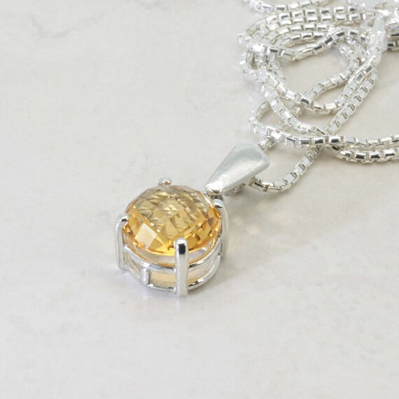 Citrine Pendant (Natural Golden Citrine), 10mm x 3.6 Carat, Rare Checkerboard Cut, Sterling Silver Citrine Necklace inc. Adjustable Chain