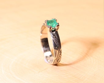 Emerald Engagement Ring (Genuine, Natural Emerald), 4.4mm x 4.4mm x 0.40 Carat, Square Cut, OOAK Handmade Sterling Silver Engagement Ring