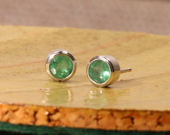 4.1mm Transparent Colombian Emerald Earrings (Genuine Natural Emeralds), 4.1mm x 0.25 Carat (each), Round Cut, Sterling Silver Emerald Studs