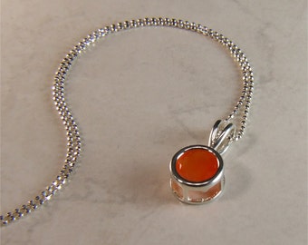 Faceted Carnelian Necklace (Genuine Natural Carnelian), 8mm x 1.80 Carats, Round Cut, Sterling Silver Pendant Necklace