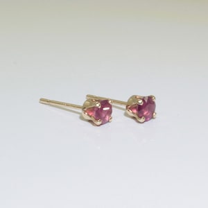May include: A pair of stud earrings featuring round, faceted, deep pink gemstones set in four-prong gold metal settings. Each earring includes a thin, straight post extending from the back of the setting, designed for pierced ears.