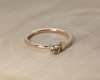 Pale Lemon Diamond Engagement Ring / Wedding Ring / Stacker, 3mm x 0.12 Carat, Round Cut, Solid 14 Karat Gold Crescent Moon Handmade Ring