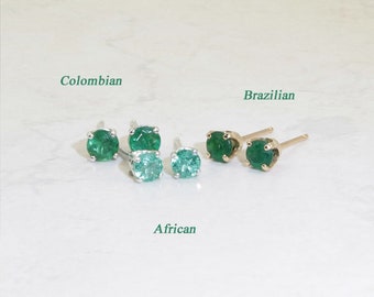 3.0mm Transparent Emerald Earrings (Genuine Natural Emeralds), 3mm x 0.12 Carat (each), Round Cut, Sterling Silver Emerald Studs
