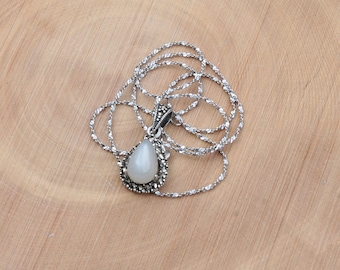 Moonstone Necklace (Natural Moonstone), 11mm x 7mm x 2.9 Carat, Pear Cabochon, Art Deco Revival Style Sterling Silver Pendant Necklace