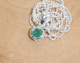 Small Emerald Pendant in Sterling Silver (Genuine Natural Emerald 5mm x 0.50 Carat, Round Cut), Sterling Silver Emerald Necklace with Chain