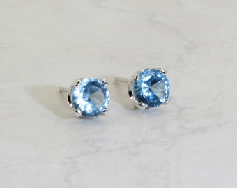 Hydrothermal Aquamarine Earrings (Synthetic, not Natural!), 6mm x 0.75 Carat (each), Round Cut, Sterling Silver Aquamarine Studs