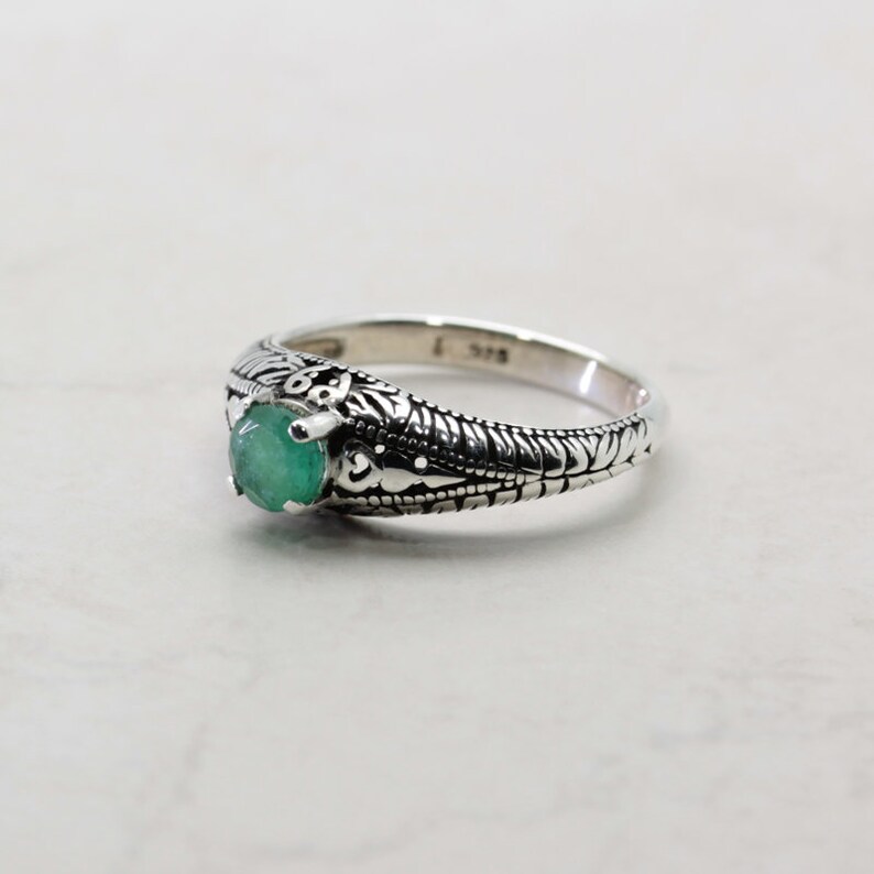 Round Cut 5mm x 0.50 Carat Art Deco Revival Style Sterling Silver Emerald Ring Emerald Ring Translucent Natural Colombian Emerald