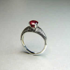 Ruby Ring (Natural Treated Ruby), 5.75mm x 1.05 Carat, Round Cut, Art Deco Revival Style Sterling Silver Ring