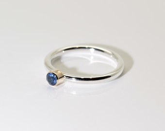 Blue Sapphire Stacker Ring (Genuine, Natural Sapphire), 3.2mm x 0.18 Carat, Round Cut, 14K Gold and Sterling Silver Stackable Ring