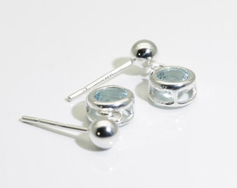 Aquamarine Dangles (Genuine, Natural Aquamarine), 5mm x 0.51 Carat (each), Round Cut, Sterling Silver Post/Dangle Earrings