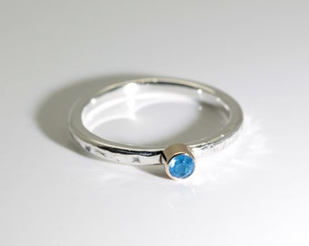 Neon Blue Apatite Stacker Ring (Natural Non-Dyed Apatite), 3.1mm x 0.13 Carat, Round Cut, 14K Gold and Sterling Silver Stackable Ring