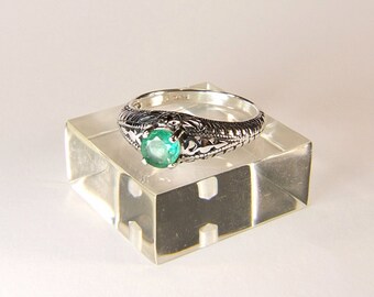Emerald Ring (Transparent Natural African Emerald), 4.9mm x 0.44 Carat, Round Cut, Art Deco Revival Style Sterling Silver Ring
