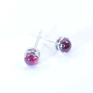 May include: A pair of silver stud earrings with small, round, red gemstones.