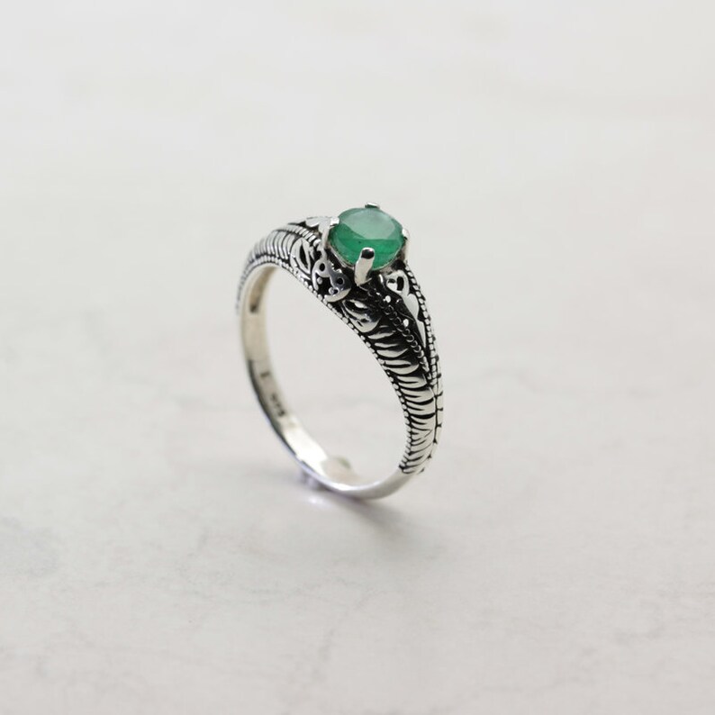 Round Cut 5mm x 0.50 Carat Art Deco Revival Style Sterling Silver Emerald Ring Emerald Ring Translucent Natural Colombian Emerald