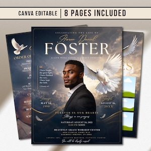 May include: A memorial service announcement featuring a portrait of a man, a dove, and text. The design includes the name "Aaron Daniel Foster", dates, and the phrase "Forever in Our Hearts". The words "Canva Editable" and "8 Pages Included" are also visible.