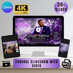 May include: A digital funeral slideshow template displayed on a computer monitor, tablet, and smartphone. The design features a purple floral theme with white doves, the text In Loving Memory, James Anthony Thompson, and event details.
