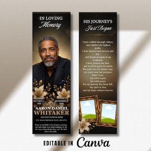 May include: Two vertical funeral bookmarks with a black and gold gradient background. The left bookmark features a portrait of a man, gold floral accents, and text including IN LOVING MEMORY, AARON DANIEL WHITAKER, and dates. The right shows a poem.