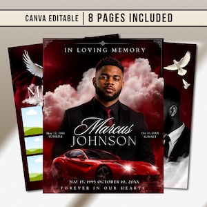 Puede incluir: Una plantilla de programa funerario con el retrato de un hombre en traje, un coche deportivo rojo y palomas blancas sobre un fondo nublado rojo oscuro. El texto incluye IN LOVING MEMORY, Marcus JOHNSON, SUNRISE, SUNSET y FOREVER IN OUR HEARTS.