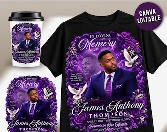 Plantilla de Canva para camiseta conmemorativa, Rosa morada en memoria de un ser querido, Diseño para celebración de la vida