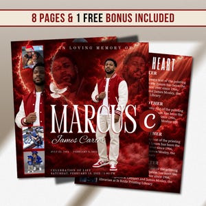 May include: A funeral program template featuring a red cloud background, a central photo of a man in a red and white varsity jacket, and smaller inset photos. Text includes IN LOVING MEMORY OF, MARCUS, James Carter, and 8 PAGES & 1 FREE BONUS INCLUDED.