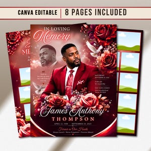 Può includere: Un modello di programma funebre con il ritratto di una persona in abito rosso, decorato con rose rosse e colombe bianche. Il testo recita In Loving Memory, James Anthony Thompson, e include dettagli dell'evento, date e segnaposto per foto.