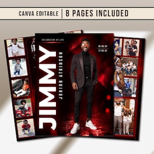 May include: A Canva editable funeral program template featuring 8 pages. The cover displays the text "JIMMY JONIOR ATKINSON" and "CELEBRATION OF LIFE" with dates "01-05-97" and "17-03-XX". It includes a central photo of a person in a suit and multiple smaller photos.