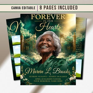 May include: A funeral program template featuring the text Forever In Our Hearts, Marvin L. Brooks, and dates. The design includes a portrait of an older person with gray hair, a green background with golden gates, clouds, and white floral accents.