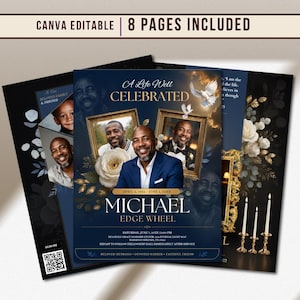 May include: A collection of navy blue memorial cards with a central design featuring a portrait of a man, the text "A Life Well Celebrated," and event details. The cards include floral and dove motifs.