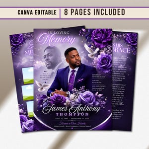 May include: A funeral program template featuring a purple theme with deep violet roses and white doves. The design includes text reading In Loving Memory, James Anthony Thompson, and In His Embrace, alongside placeholders for photos and event details.