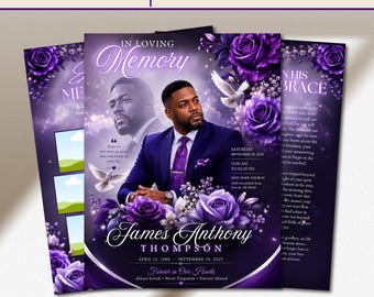 May include: A funeral program template featuring a purple theme with deep violet roses and white doves. The design includes text reading In Loving Memory, James Anthony Thompson, and In His Embrace, alongside placeholders for photos and event details.