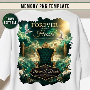 Puede incluir: Una camiseta blanca con un diseño gráfico que muestra un trono capitoné verde oscuro, puertas doradas y dos palomas blancas. El texto dice: FOREVER IN OUR Hearts, A LEGEND NEVER DIES, HIS SPIRIT LIVES ON, Marvin L. Brooks, SUNRISE: 03.14.1975 - SUNSET: 06.21.20XX.