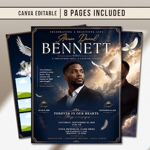 May include: A funeral program template featuring a dark blue background with white clouds and flying doves. The design includes a portrait of a man in a suit, text reading "Celebrating a Beautiful Life," "Aaron Daniel Bennett," and event details.