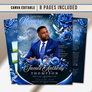 Pode incluir: Um modelo de programa funerário com um tema azul profundo, detalhes florais, uma pomba branca e o retrato de uma pessoa de terno azul. O texto inclui In Loving Memory, James Anthony Thompson e detalhes para 20 de setembro de 2025.
