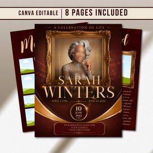 Peut inclure: Annonce funéraire bordeaux avec des accents dorés. Le design comprend un portrait encadré, le nom "Sarah Winters" et des dates. Le texte indique "A Celebration of Life" et "Canva Editable | 8 Pages Included".